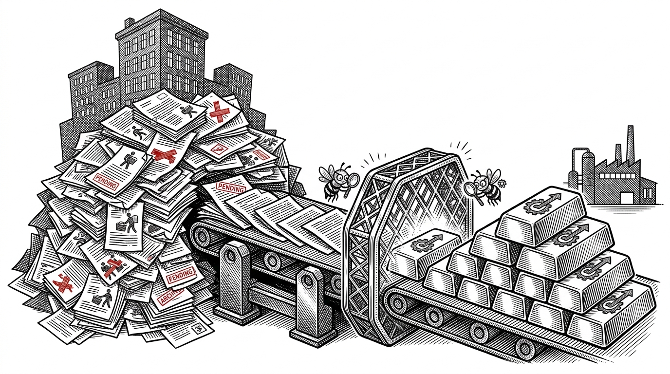 A massive mountain of chaotic, stamped paper documents being pulled onto a conveyor belt and passing through a glowing mechanical sieve. The papers emerge as perfectly stacked metallic ingots. This illustrates the core value proposition of converting unstructured bureaucratic chaos into structured data.
