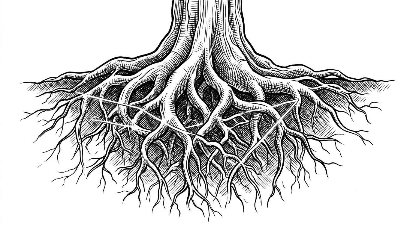 The sprawling, tangled root system of an ancient tree in cross-section underground. A single, glowing surveyor's laser line precisely maps the exact geometric structure of the tangled roots. This symbolizes the mapping of complex government hierarchies.