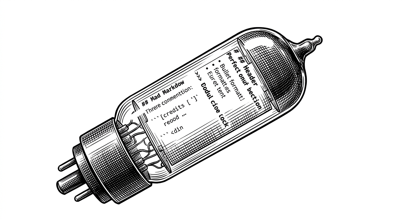 A vintage glass vacuum tube being slotted into a mechanical head, containing lines of perfectly formatted Markdown text instead of wires.