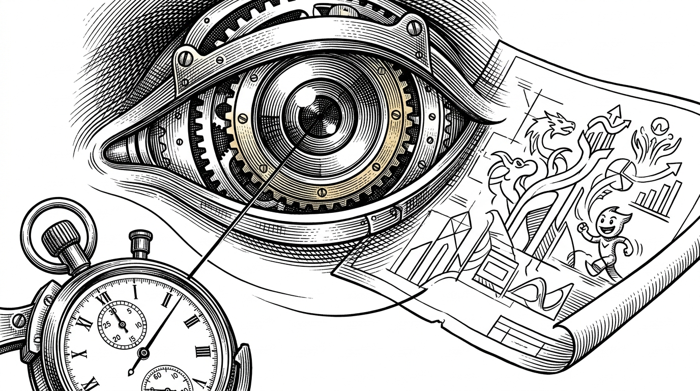 A mechanical eye looking at a stopwatch, glancing at a blueprint that is slowly drawing itself.