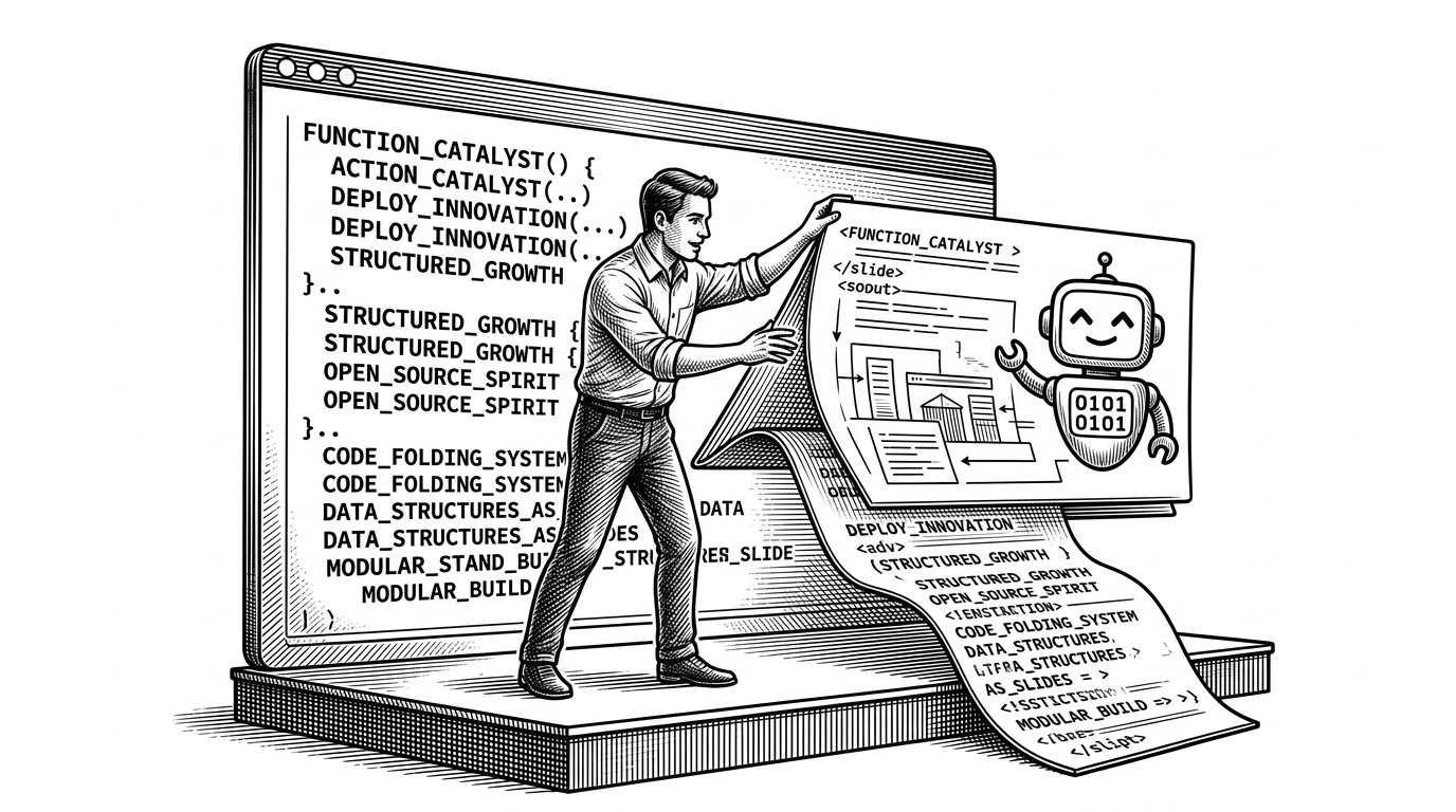 A developer standing on a stage, but instead of a traditional projector screen behind them, there is a massive text editor window where blocks of code are physically folding and transforming into presentation slides.