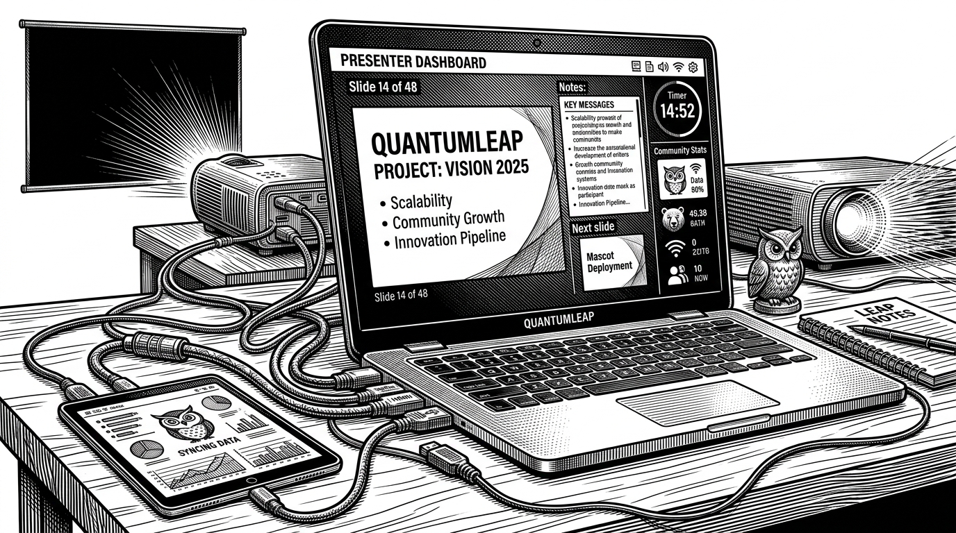 A laptop screen showing a complex dashboard with presenter notes and a timer, connected by physical wires to a distant projector and a mobile phone.