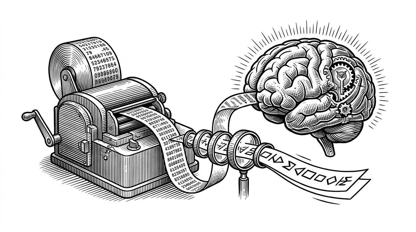 A vintage mechanical ticker tape machine feeds a continuous paper strip into a glowing, intricately geared mechanical brain, passing through magnifying lenses that distill the chaotic numbers into clean geometric symbols. This illustrates the extraction of semantic meaning from raw financial data.