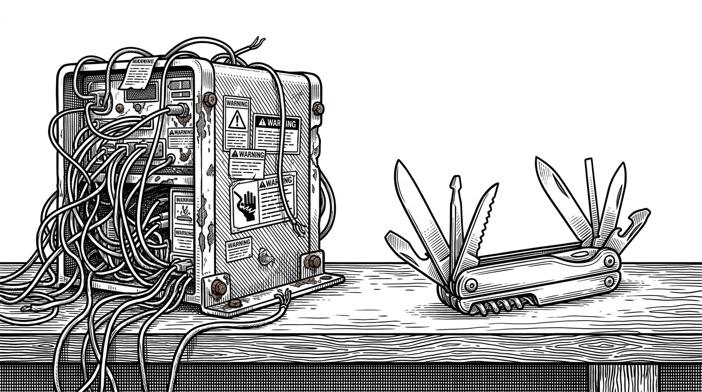 Two contrasting tools resting on a workbench. On the left, a bulky, tangled machine covered in rusted bolts representing bloated legacy software. On the right, a sleek, perfectly engineered multi-tool representing native Python implementations.