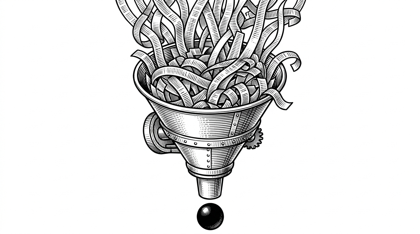 A close-up of a mechanical metal sieve. Thick ribbons of paper resembling ticker tape pour heavily into the top. Out of the bottom nozzle, a single polished solid sphere bearing a dollar sign drops out. This illustrates the concept of distilling chaotic financial data into a single, actionable metric.