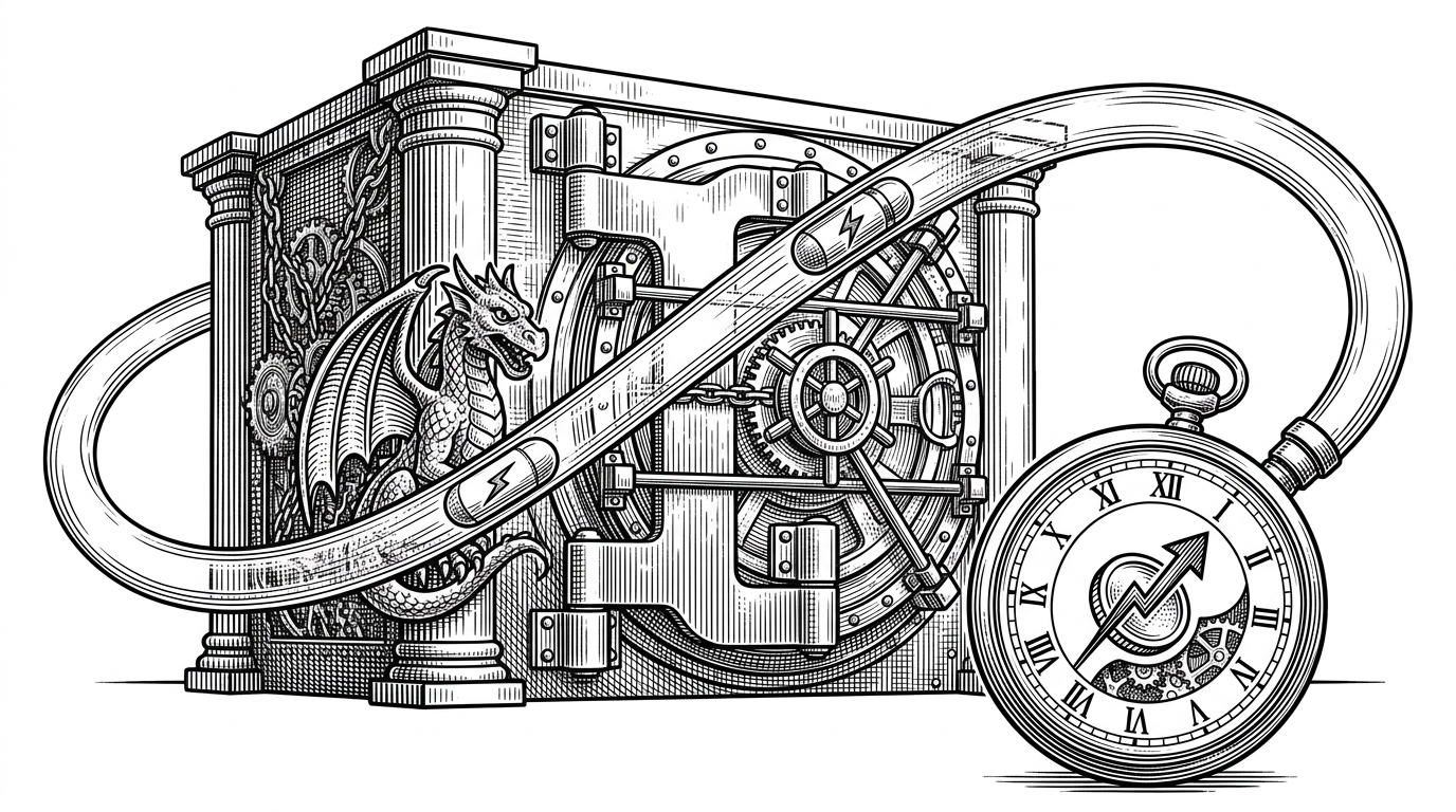 A massive, heavily guarded bank vault bypassed by a tiny, transparent pneumatic tube that plugs directly into an analog pocket watch. This represents the GLNC architecture bypassing centralized cloud storage to deliver financial data directly to a personal device.