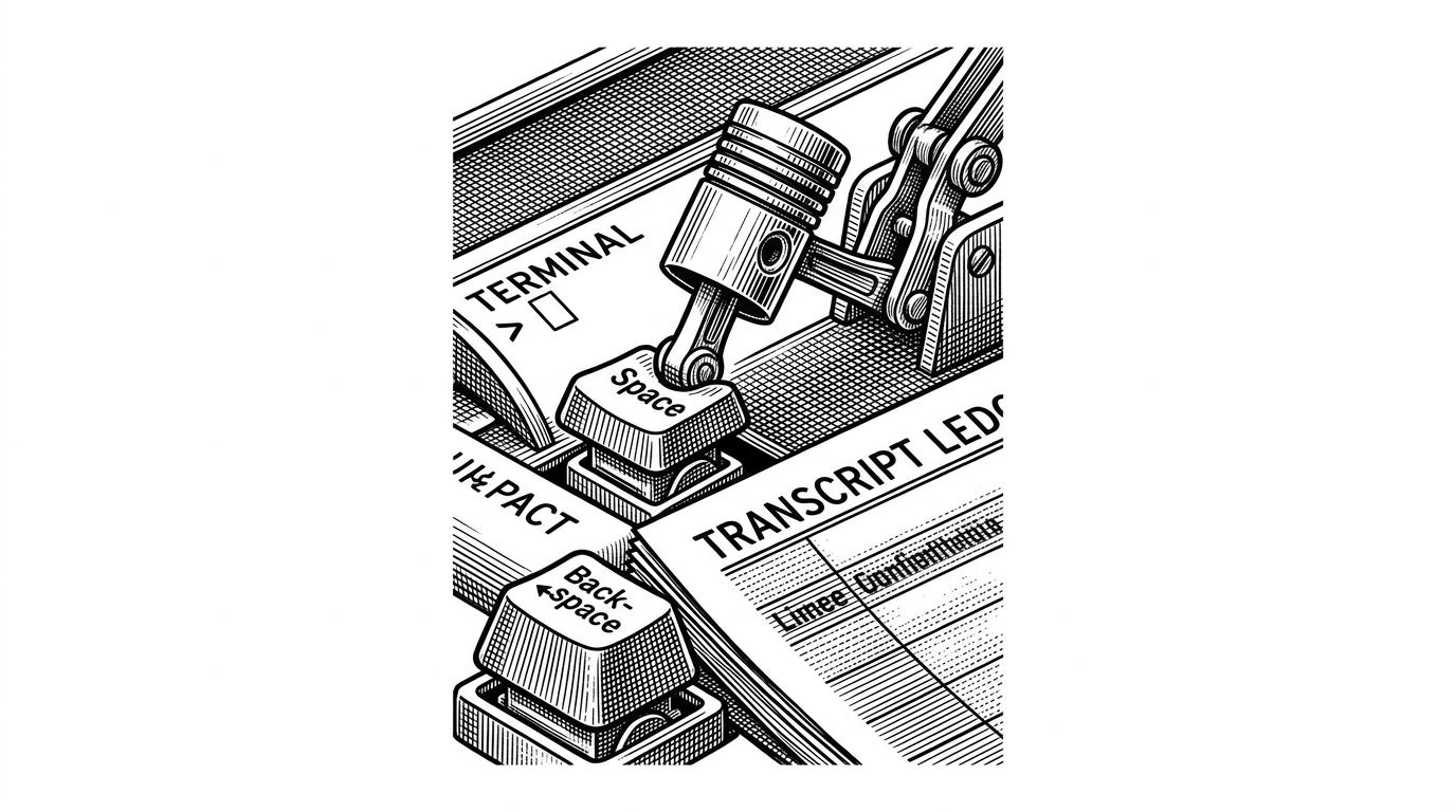 A close-up mechanical terminal prompt where a tiny piston presses Space and Backspace to wake the input line, while a transcript ledger flips from missing to confirmed. The image explains the retry behavior that keeps delivery from stalling in the UI.
