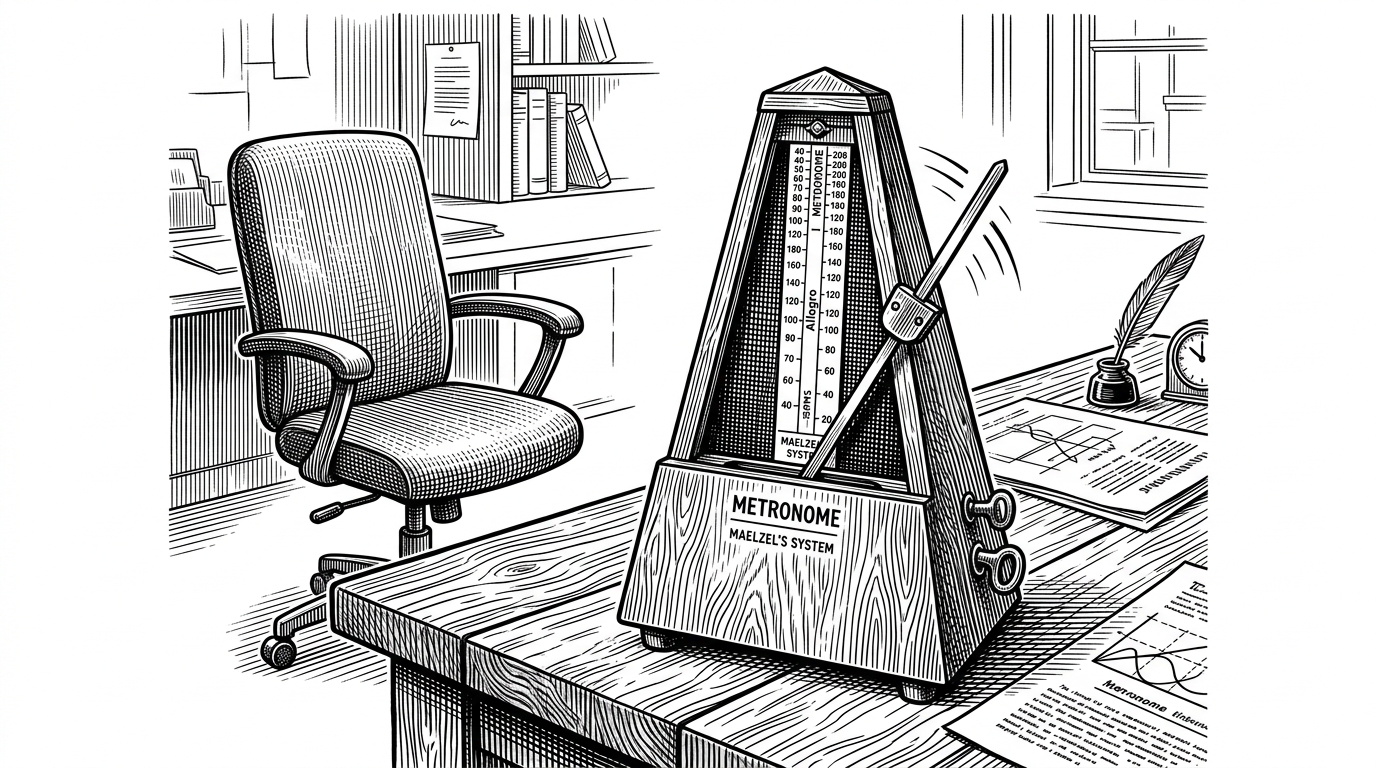 A pristine, mechanical wooden metronome ticking on a desk. In the background, slightly out of focus, an empty office chair sits pushed in. This represents the cron-driven autonomous heartbeat.