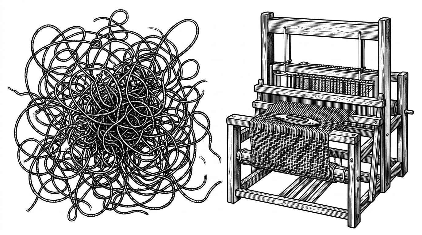 A split composition. On the left side, a wild, tangled, chaotic knot of dark yarn spanning in every direction. On the right side, a traditional wooden loom neatly organizing the exact same yarn into a tight, orderly, structured grid. This contrasts open-ended agents with structured frameworks.