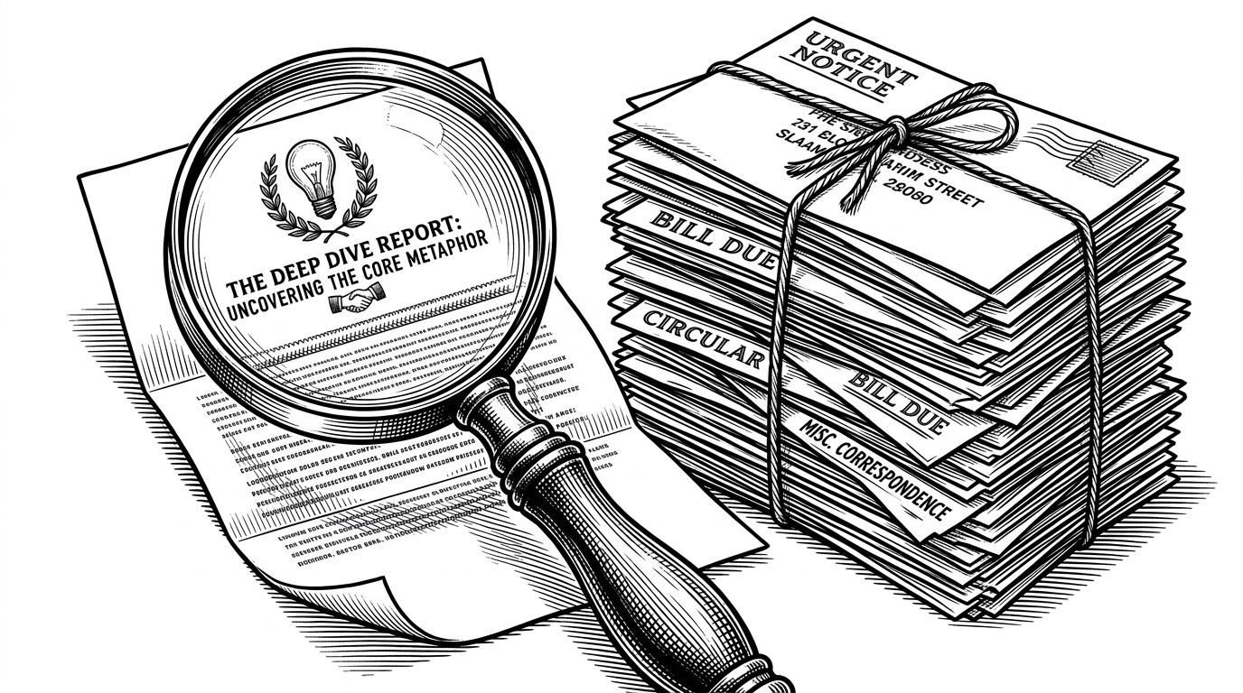 A close-up of a heavy brass magnifying glass focused entirely on a single, opened letter. Next to it sits a massive, messy stack of envelopes tied tightly together with thick twine, deliberately ignored. This represents the crucial difference between <span class=