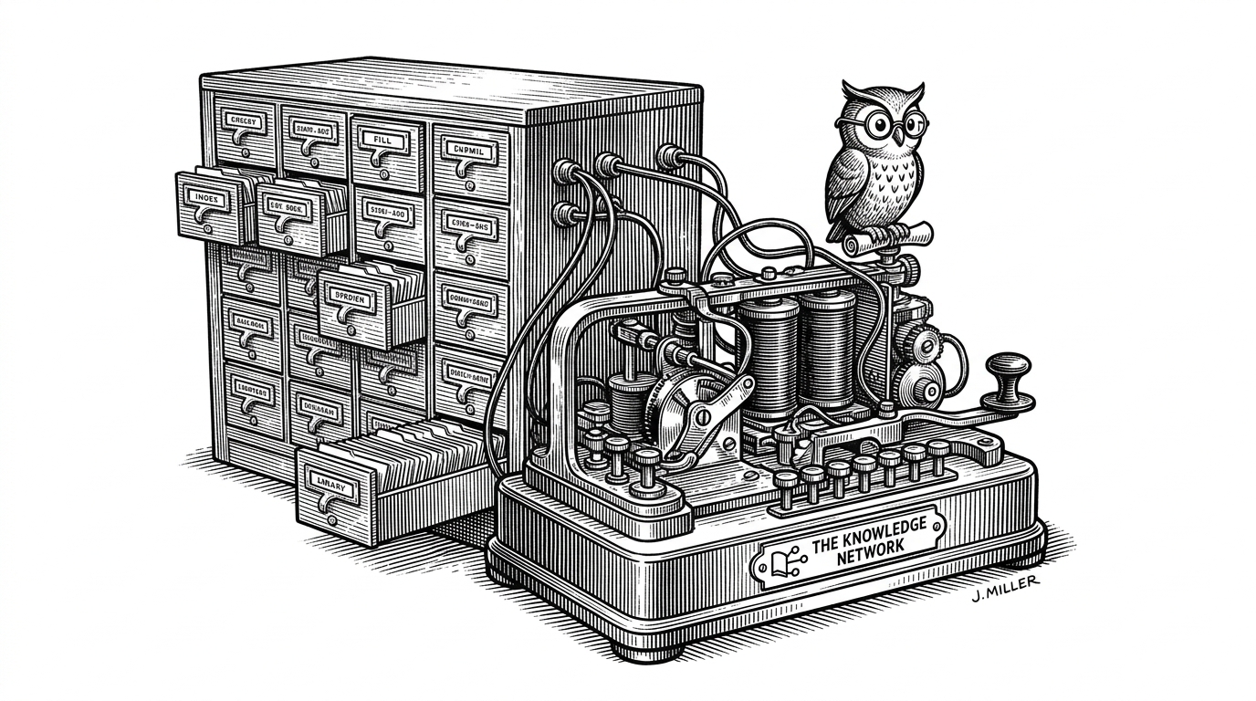 A vintage mechanical telegraph machine wired directly into a wooden library card catalog. It illustrates the concept of routing a messaging protocol directly into a structured local knowledge base.