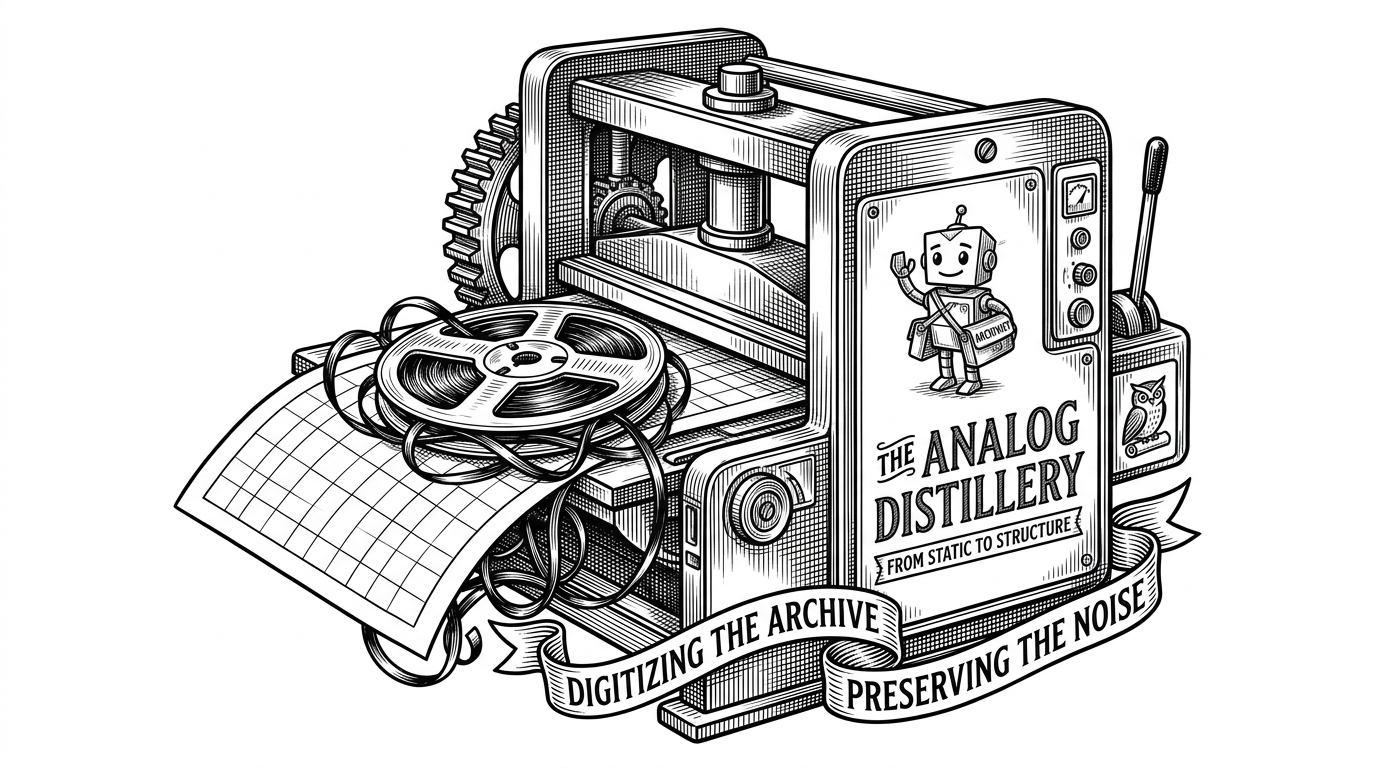 A heavy industrial mechanical press flattening a tangled spool of magnetic audio tape into a crisp sheet of paper. It represents the extraction engine forcing messy multimedia data into clean Markdown.