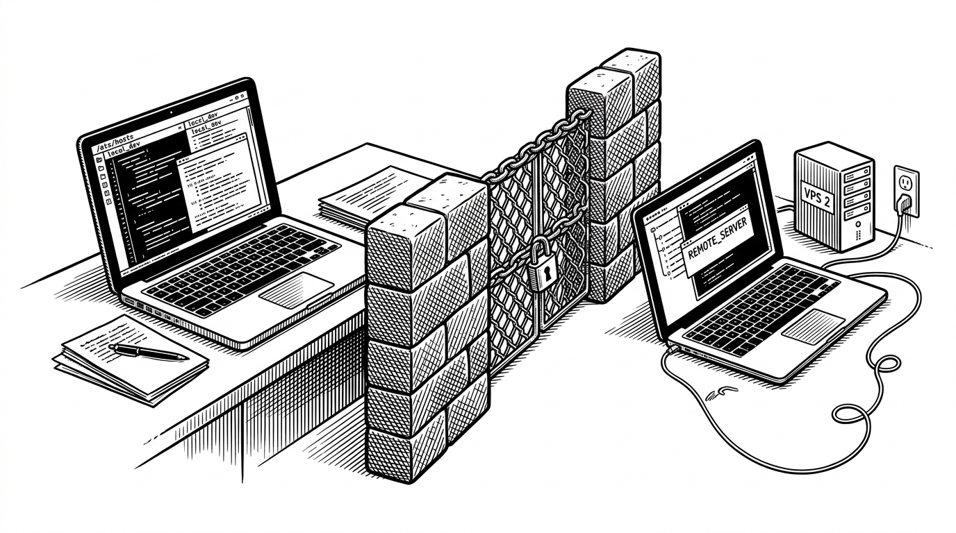 Two laptops sit on opposite sides of a physical barrier, one a clean workstation and the other a disposable machine with a tiny server icon beside it. The image shows why the README recommends isolation for autonomous agents. It visualizes containment as a practical engineering choice, not a theoretical warning.
