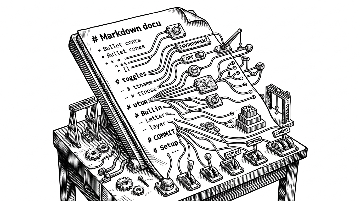 A close view of a Markdown page spread open like a control panel, with lines of text feeding into small nodes for commands, environment rules, and registration steps. It explains how a plain document becomes the agent's operating contract. The image makes the README feel executable without pretending it is code.