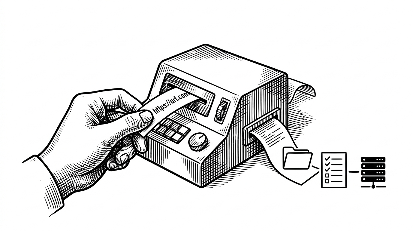 A hand lowers a paper slip with a URL into a terminal-like machine, and the machine prints a folder, checklist, and small deployment icon. The scene explains that onboarding starts with a link, not a clone. It turns setup into a single trigger instead of a long install ritual.