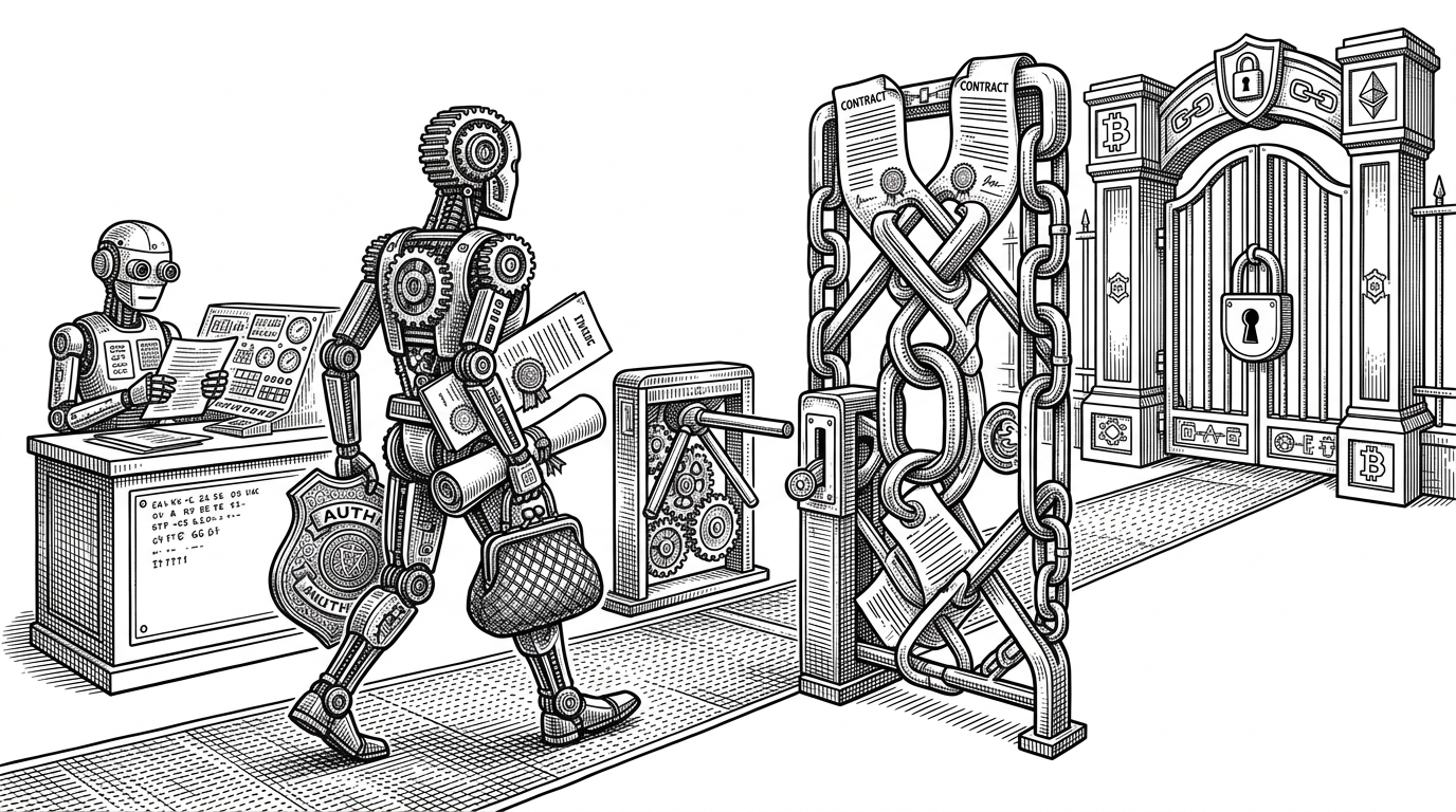 A mechanical clerk walks toward a locked onchain gate carrying a badge, a sealed permission slip, and a coin purse. The scene turns agent autonomy into something concrete: identity, delegated authority, and payment moving through the same corridor.