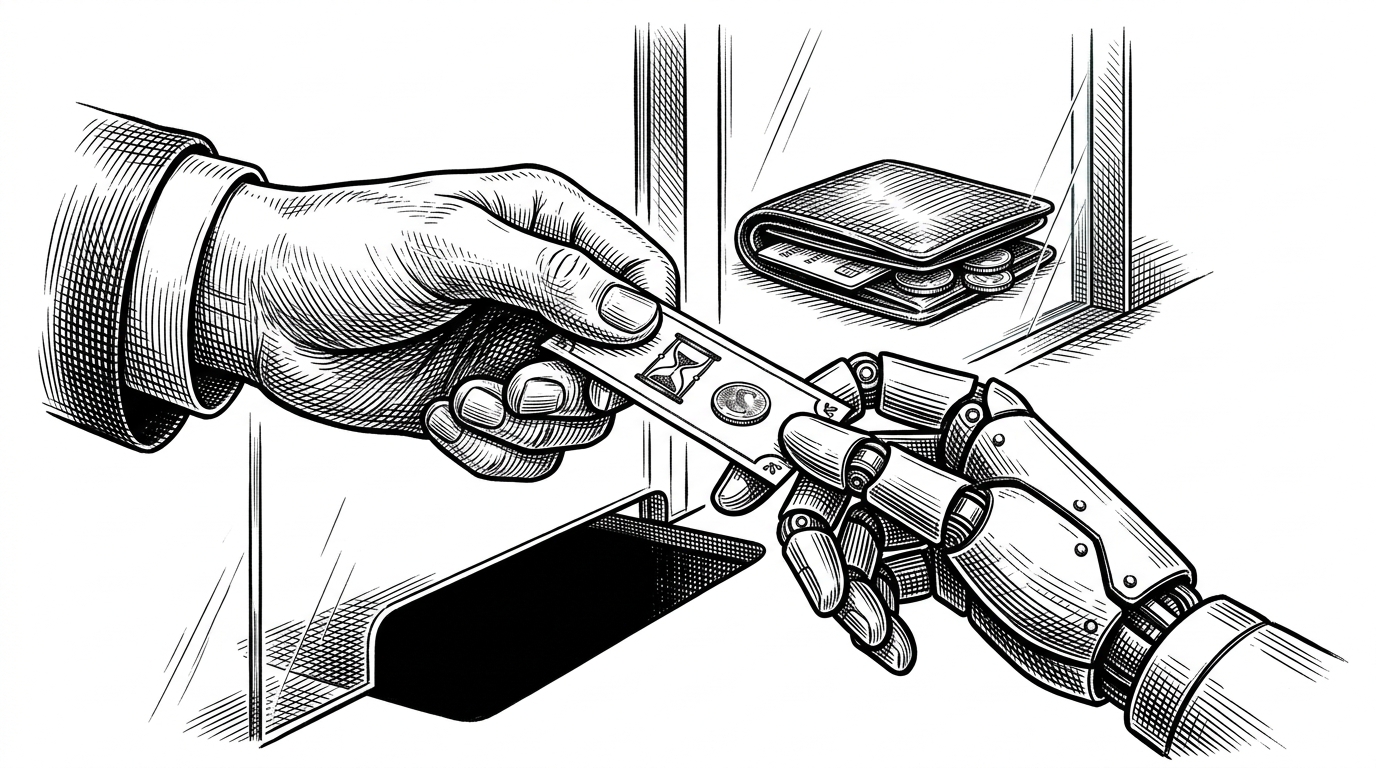 A human hand passes a stamped permission slip to a mechanical hand while a narrow hourglass and spend cap sit on the paper. The image explains that delegated authority is bounded, temporary, and narrower than full wallet custody.