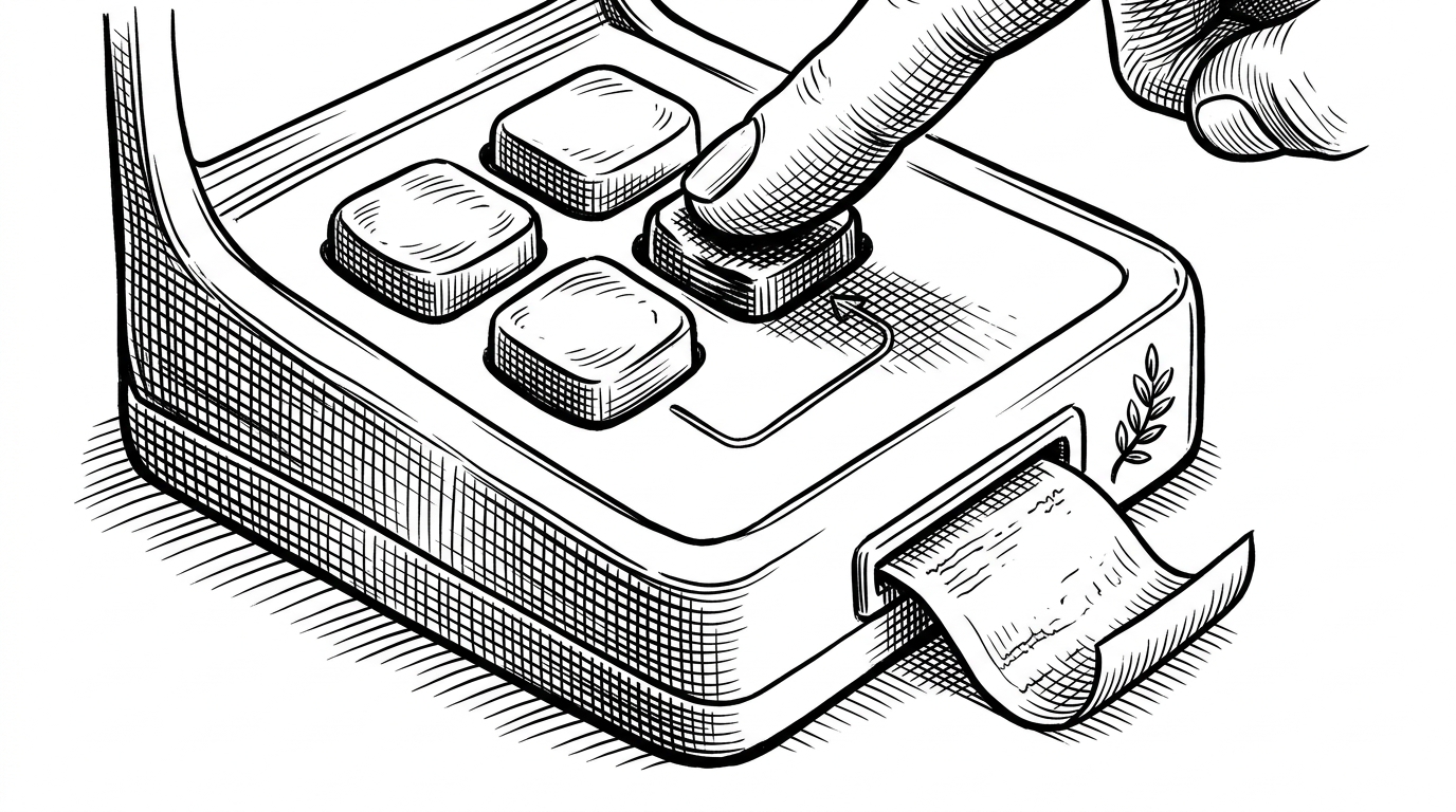 A close-up of a compact payment console with four raised donation buttons, one being pressed as a thin path lights up toward a small receipt and thank-you marker. It explains how the template turns a payment into a single, legible state change instead of a messy sequence of dialogs.