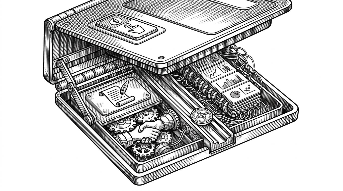 A Farcaster feed card opens like a mechanical panel, with the donation button sitting on top of a dense machine of metadata, readiness signals, payment rails, and analytics wires. It explains that the visible UI is only the surface of a much larger launch and identity stack.