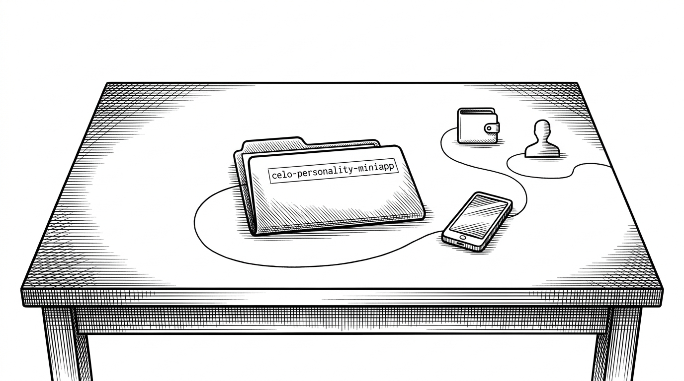 A nearly empty filing cabinet sits on a stark white desk, with one folder labeled celo-personality-miniapp and a small mobile device beside it. A thin thread runs from the folder to a wallet icon and a profile silhouette, turning a sparse repository into a signal about identity and distribution. The image frames absence as the article's central argument.
