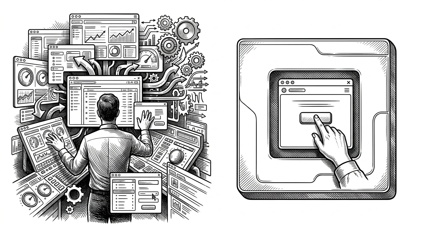 A split scene shows two software experiences side by side. On the left is a heavy standalone app with many panels, long onboarding screens, and crowded controls. On the right is a compact MiniApp window nested inside a larger host shell, with one obvious action path and far less ceremony. The illustration explains the distribution tradeoff between breadth and immediacy.