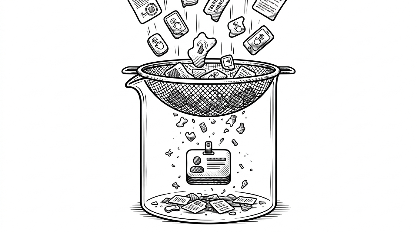 A close-up view of tiny tokens, taps, and short prompts falling through a filter into a glass profile vessel. Some signals are caught and weighted, while others are discarded as noise. The result is a compact identity badge, showing how personality can emerge from accumulated behavior instead of a static profile.