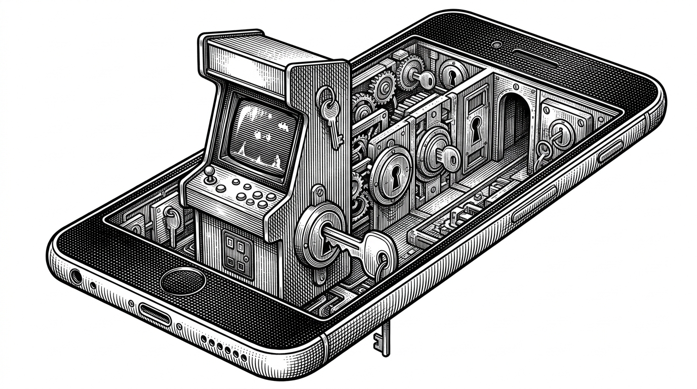 A small arcade cabinet is embedded inside a larger phone screen, with a cheerful interface on top and guarded circuitry underneath. The image explains how the app lives inside Farcaster while hiding a more serious trust stack below the surface.