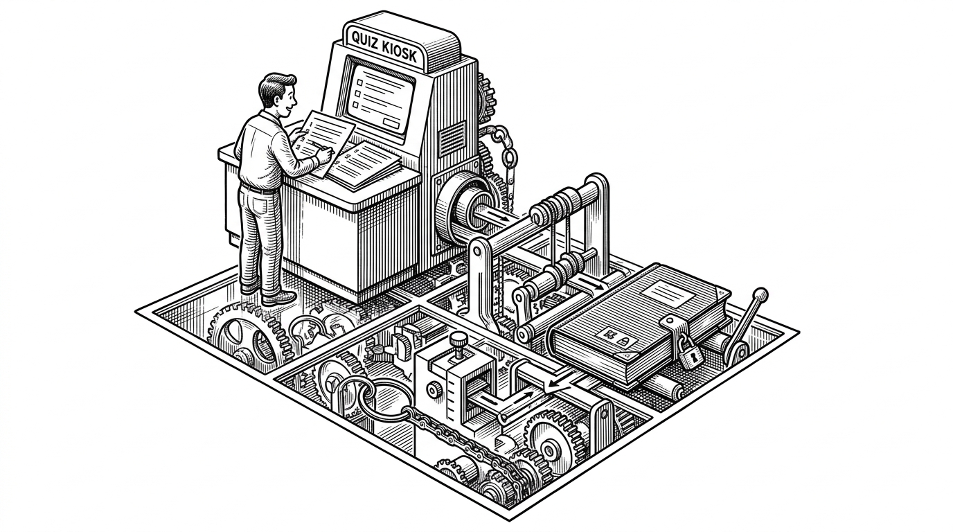A playful quiz booth sits on top of a much more serious machine, with hidden gears, keys, and chain links running underneath the counter. The scene explains that the user experience is light and social while the real work is identity verification and session handling.