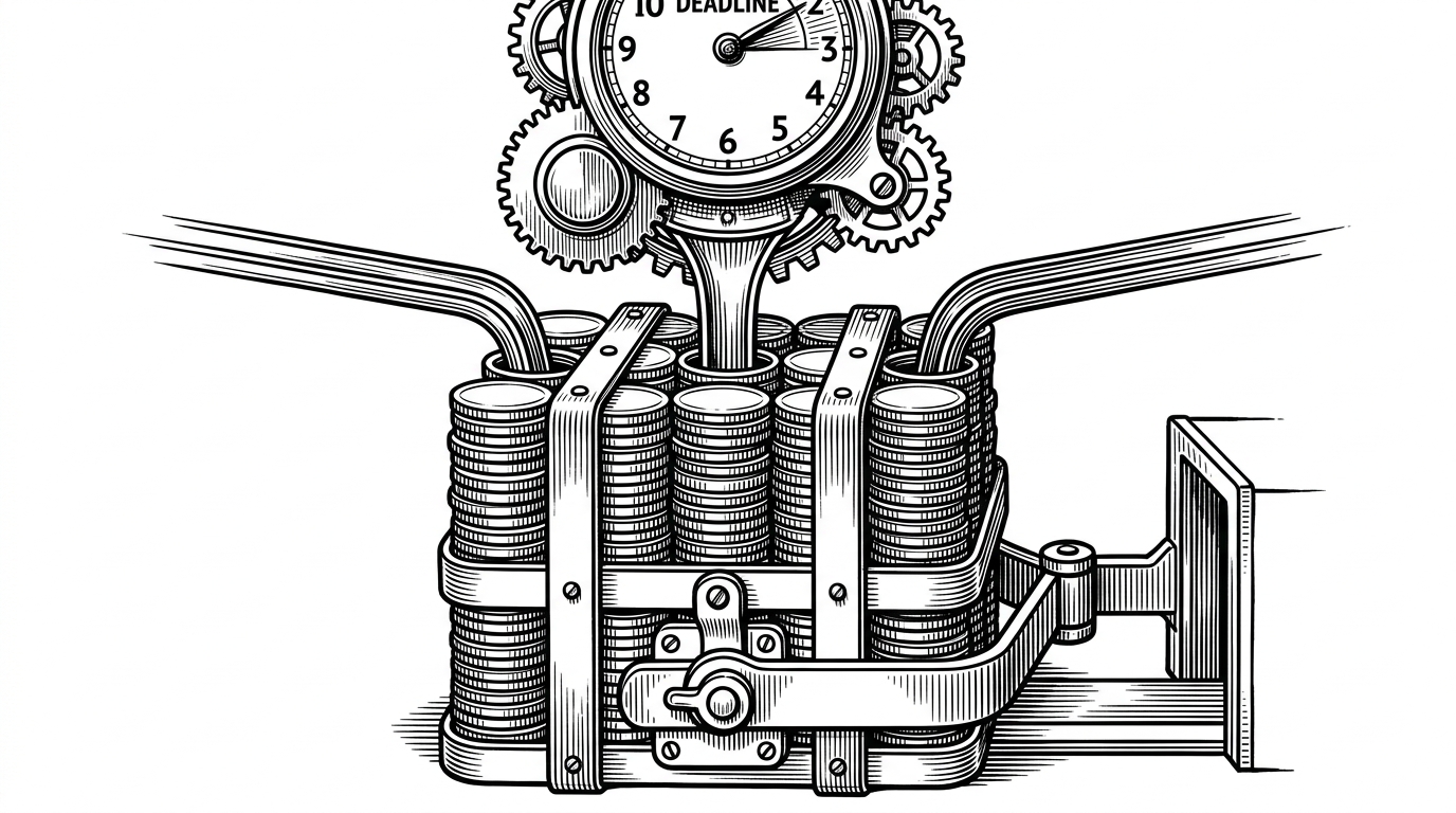 A communal pool of coins sits inside a clockwork vault with a deadline timer overhead and two possible exits. It shows how the contract can settle itself by either forwarding funds or reopening refunds once the deadline passes.