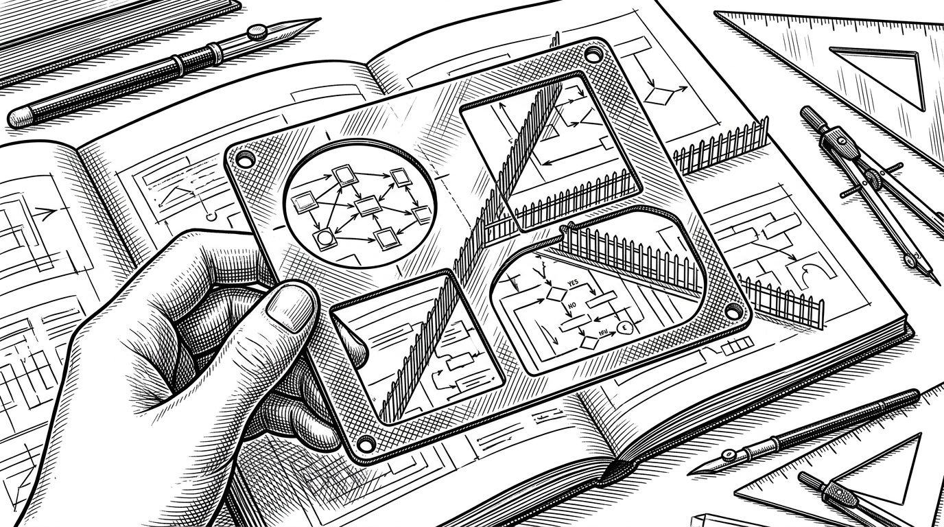 A close view shows a designer's gauge and stencil hovering over a layered protocol sketch. Some paths pass cleanly through the cutouts while others are blocked, which explains how CROPS works like a test rather than a slogan.