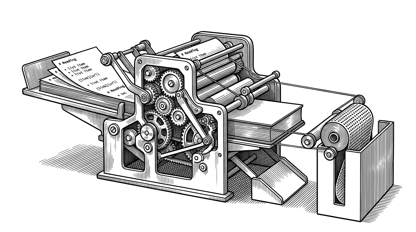 A stack of markdown pages enters a compact press and emerges as two different artifacts, a readable handbook and a tight mechanical bundle. It shows how the build step repackages the same source for a human site and an agent skill.
