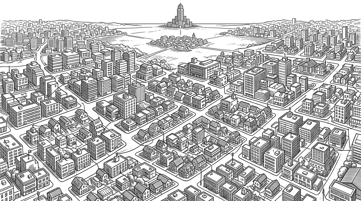 A wide black-ink city scene made of many small neighborhoods, each with rooftop relay boxes and short connecting lines. The image suggests a city whose intelligence lives close to the street instead of in one remote cloud.