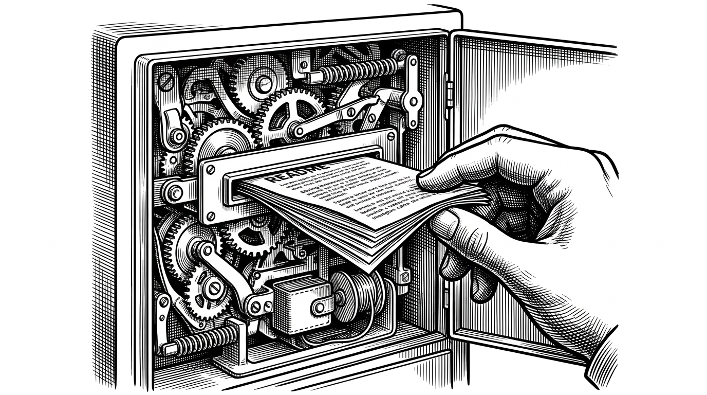 A tight close-up shows a README page sliding into a narrow metal slot inside a mechanical control cabinet. Inside, a locked latch, a chat relay, and a protocol bridge click into sequence, showing how instructions become system behavior.