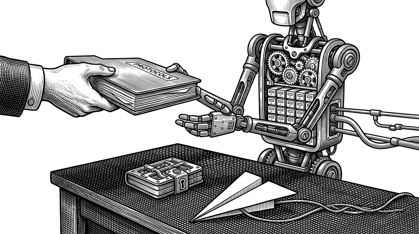 A wide workshop scene shows a human handing a thick instruction folder to a small mechanical agent at a desk. Nearby sit a locked wallet device, a message relay, and a thin protocol bridge, showing that the project is about bootstrapping an operator, not just wiring a bot.