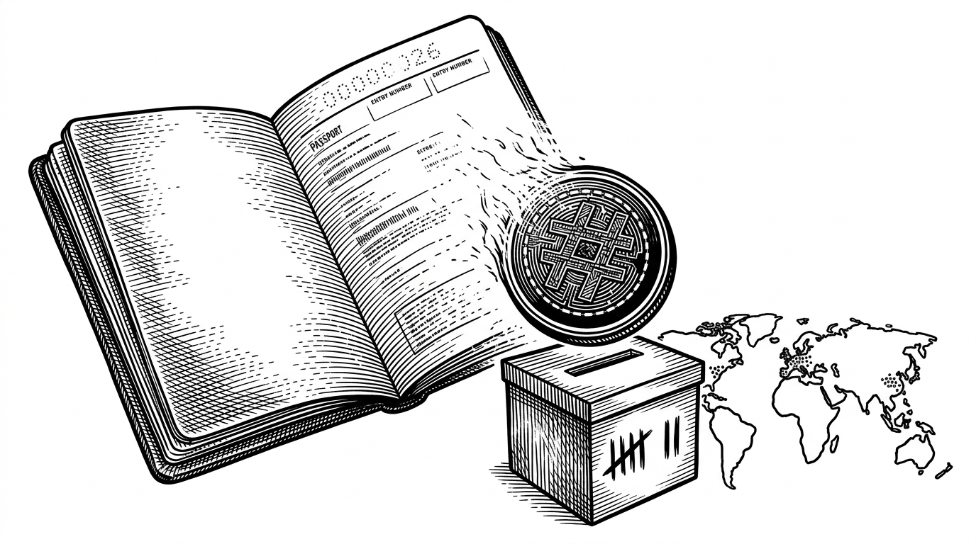 A passport dissolves into a sealed ledger token while a country map rises behind it. The scene explains how the project separates identity proof from identity storage, so a person can be counted without being exposed.