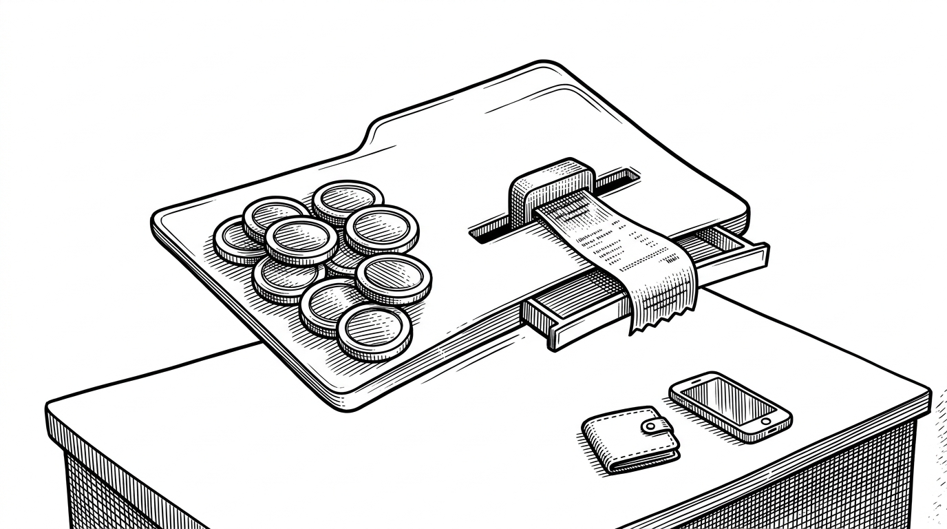 A Farcaster-style quiz card floats above a clean white workspace, with answer chips arranged on one side and a locked results drawer on the other. The image shows the core idea of the app: the result stays hidden until a blockchain receipt arrives and opens the gate.