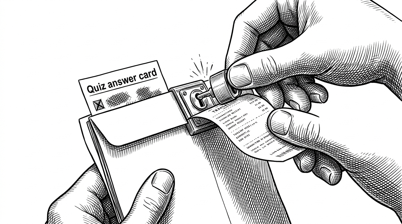A close-up shows a transaction receipt being inserted like a key into a small lock on a results envelope. Behind it, part of a quiz answer card is visible, which makes the mechanism feel tactile and makes the unlock concept easy to read at a glance.