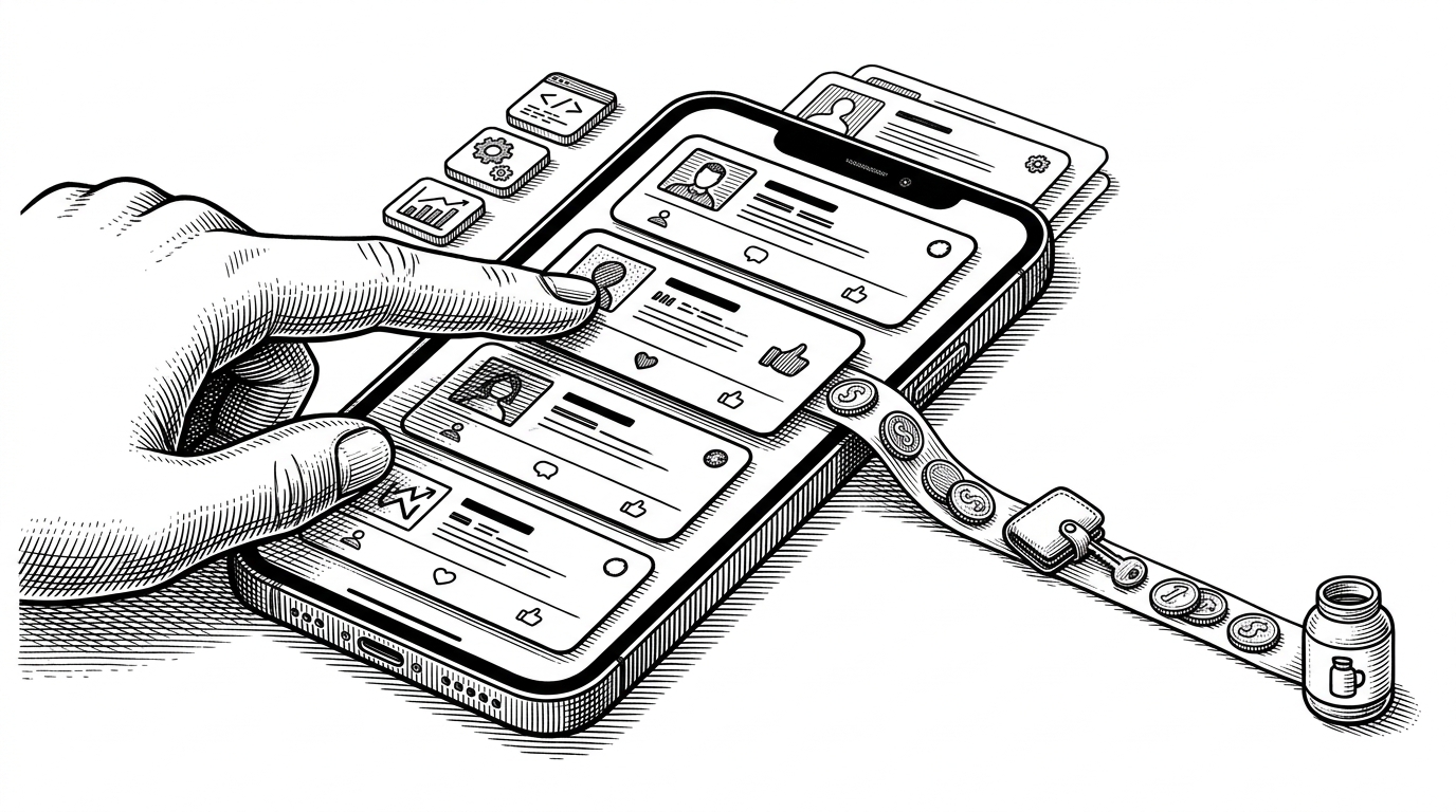 A hand swipes the top card of a project stack on a mobile phone while a thin ribbon of coins arcs toward a wallet icon. The scene shows discovery and payment collapsing into one motion, which is the app's core product idea.