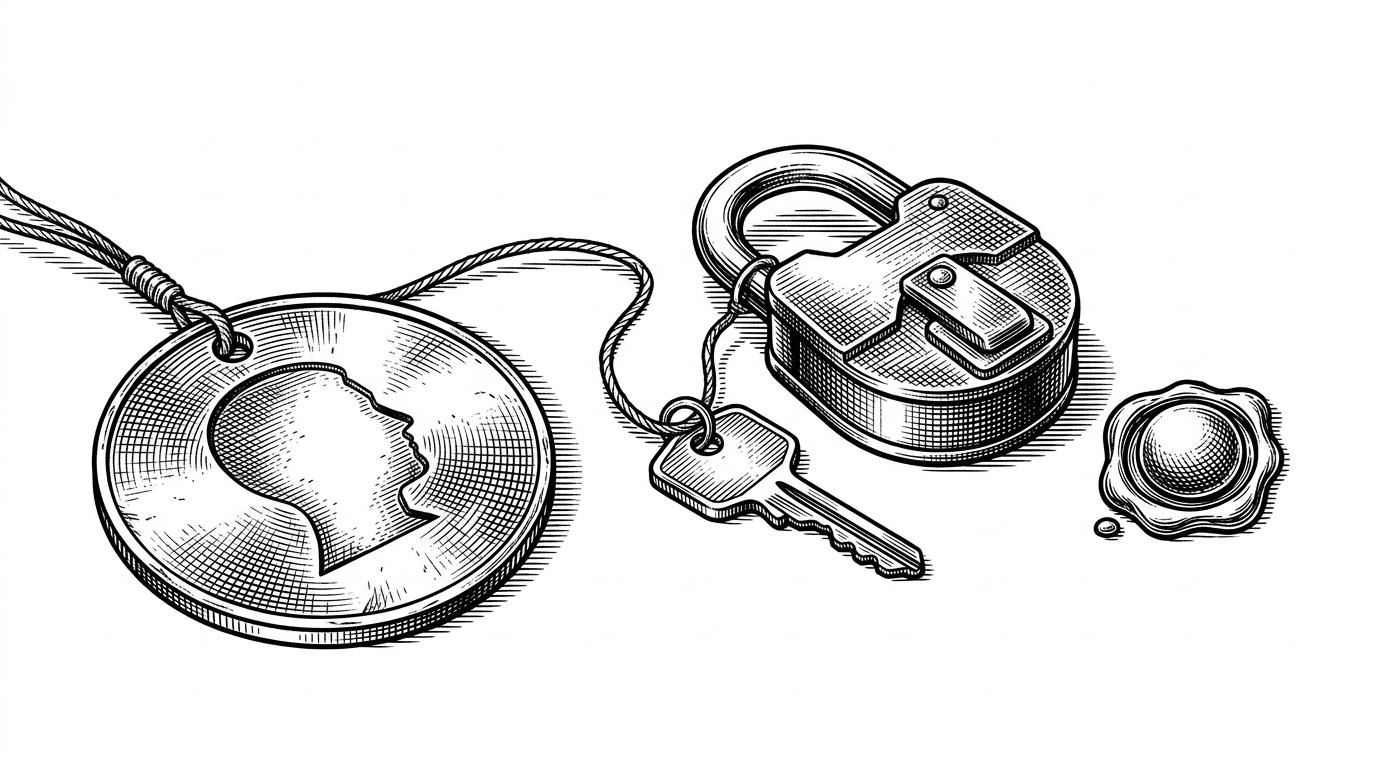 A brass identity badge and a wallet key meet at a small lock on a white tabletop, with a sealed notification token sitting just beyond it. The image explains why the app verifies Farcaster ID ownership before it trusts notification state or accepts a linked action.