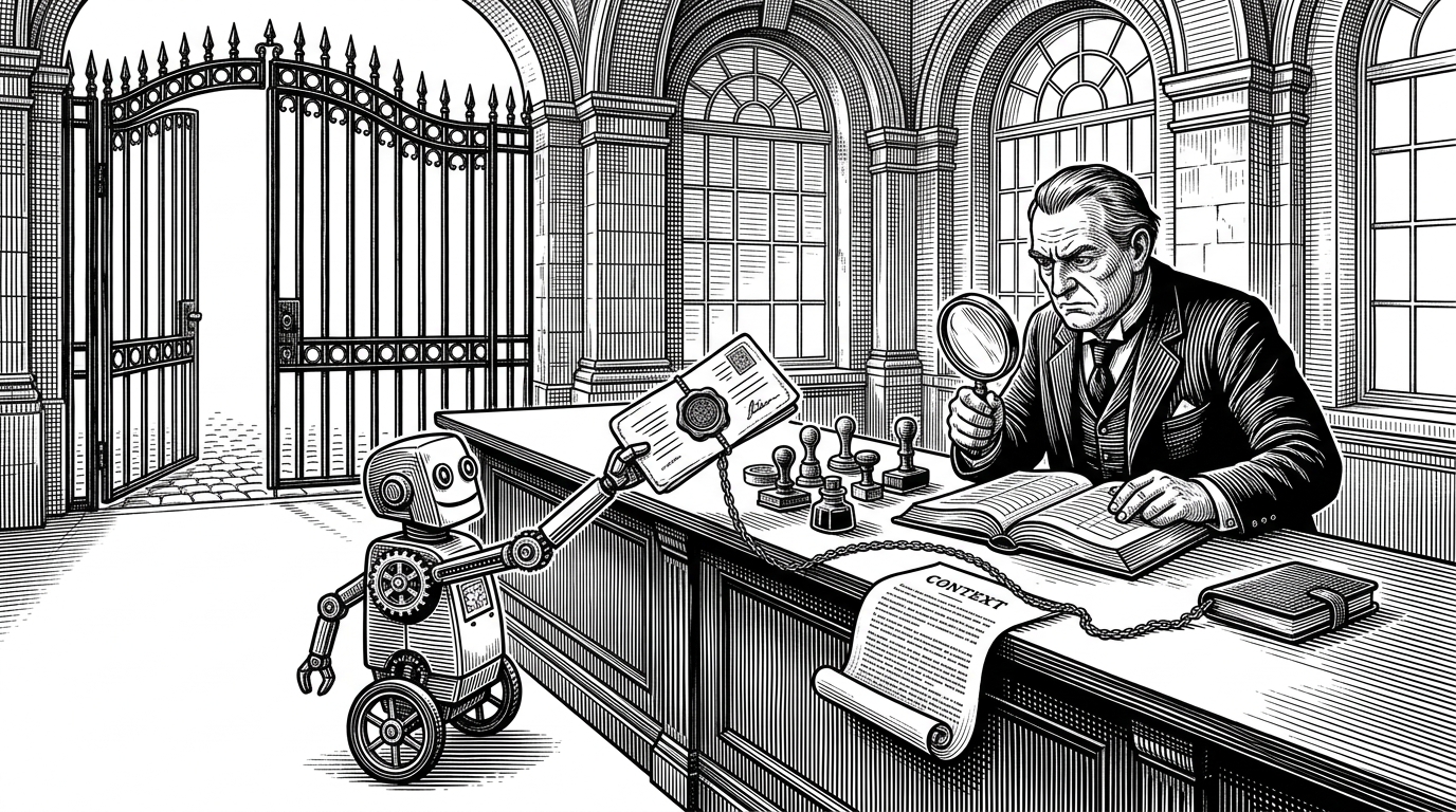 A wide customs hall shows a mechanical courier at a desk, handing over a stamped pass while a gate opens only after inspection. The scene explains the repo's central idea: an agent should enter through a controlled workflow, not a blank check.