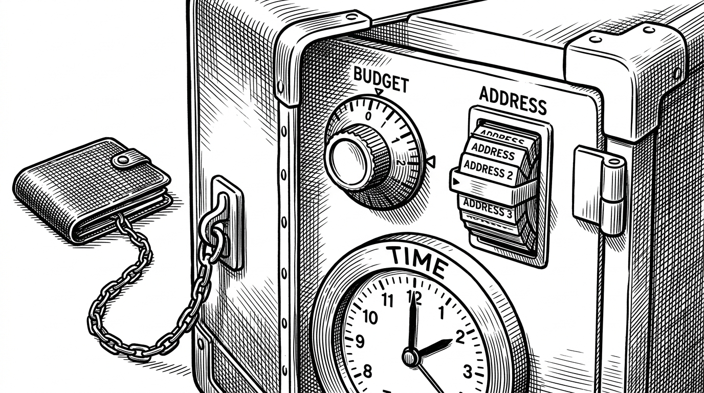 A close-up lockbox fills the frame, with three physical controls that each stop at a hard limit. The image translates scoped spending into tangible constraints, showing how the repo favors narrow authority over a blank check.