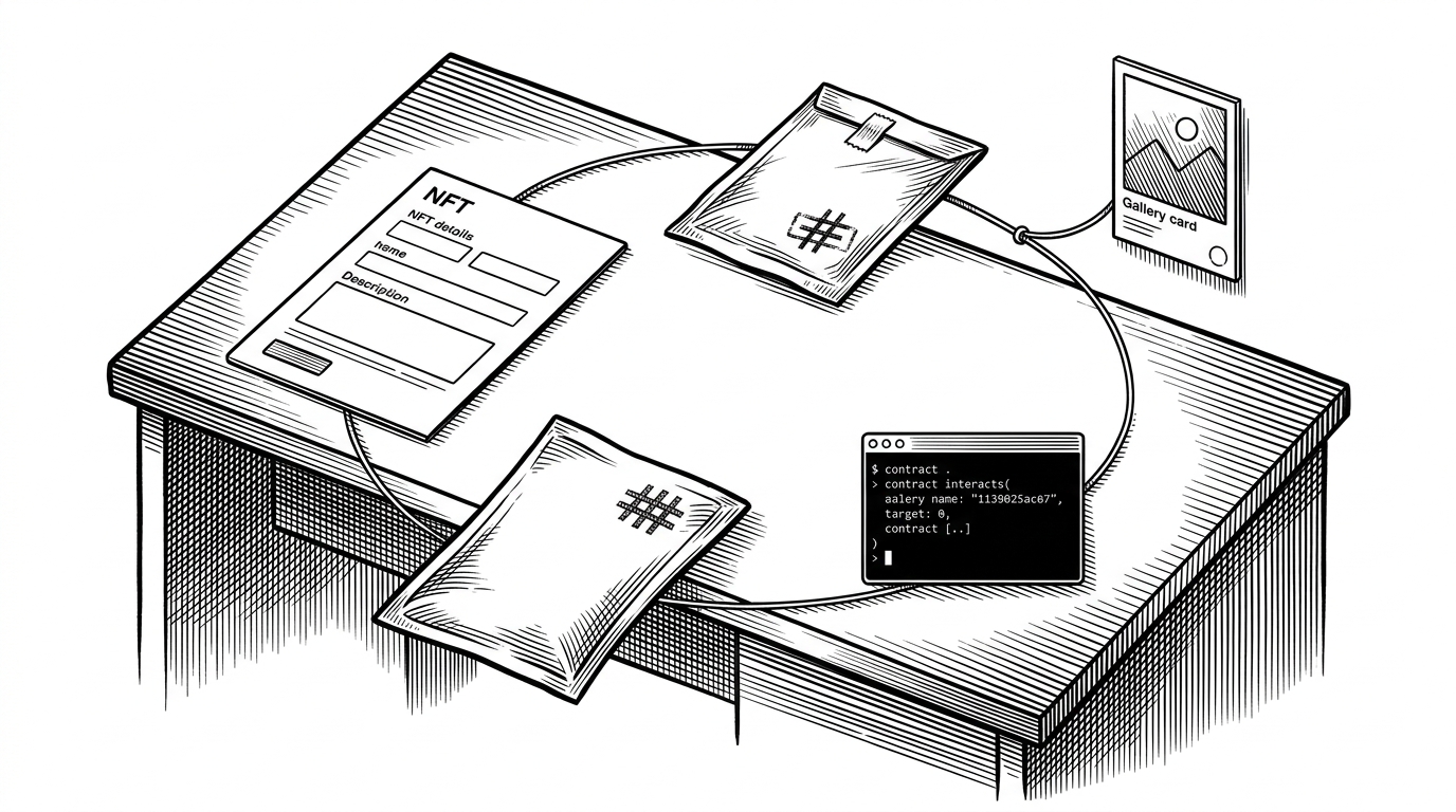 A developer desk with a form, a storage packet, a contract terminal, and a gallery tile arranged in a loop. The scene explains that the repo treats NFT minting as one closed workflow, not as separate systems stitched together after the fact.