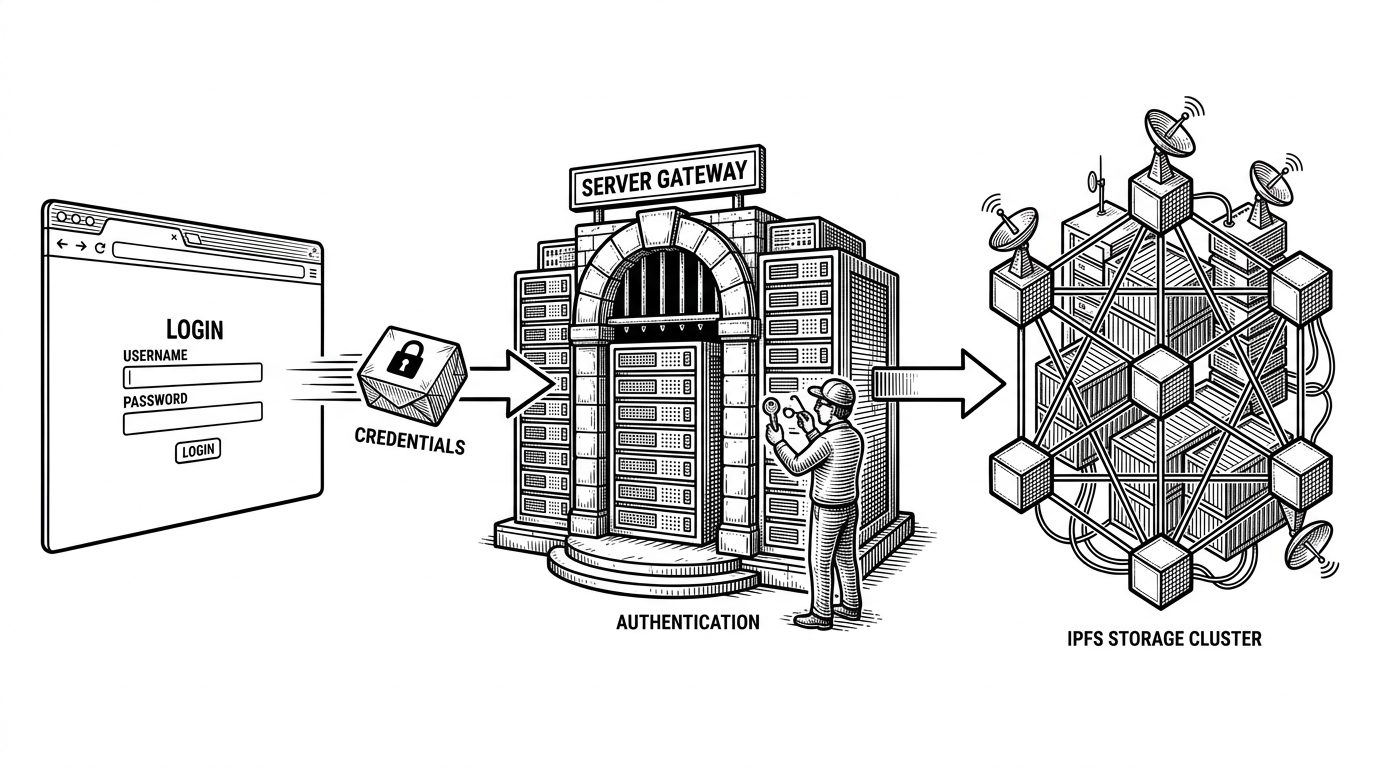 A browser window sends a form toward a server gateway with a small lock icon, and the gateway forwards a CID to an IPFS storage cluster. The scene explains why server-side uploads matter: the browser never touches the credentialed storage layer directly.