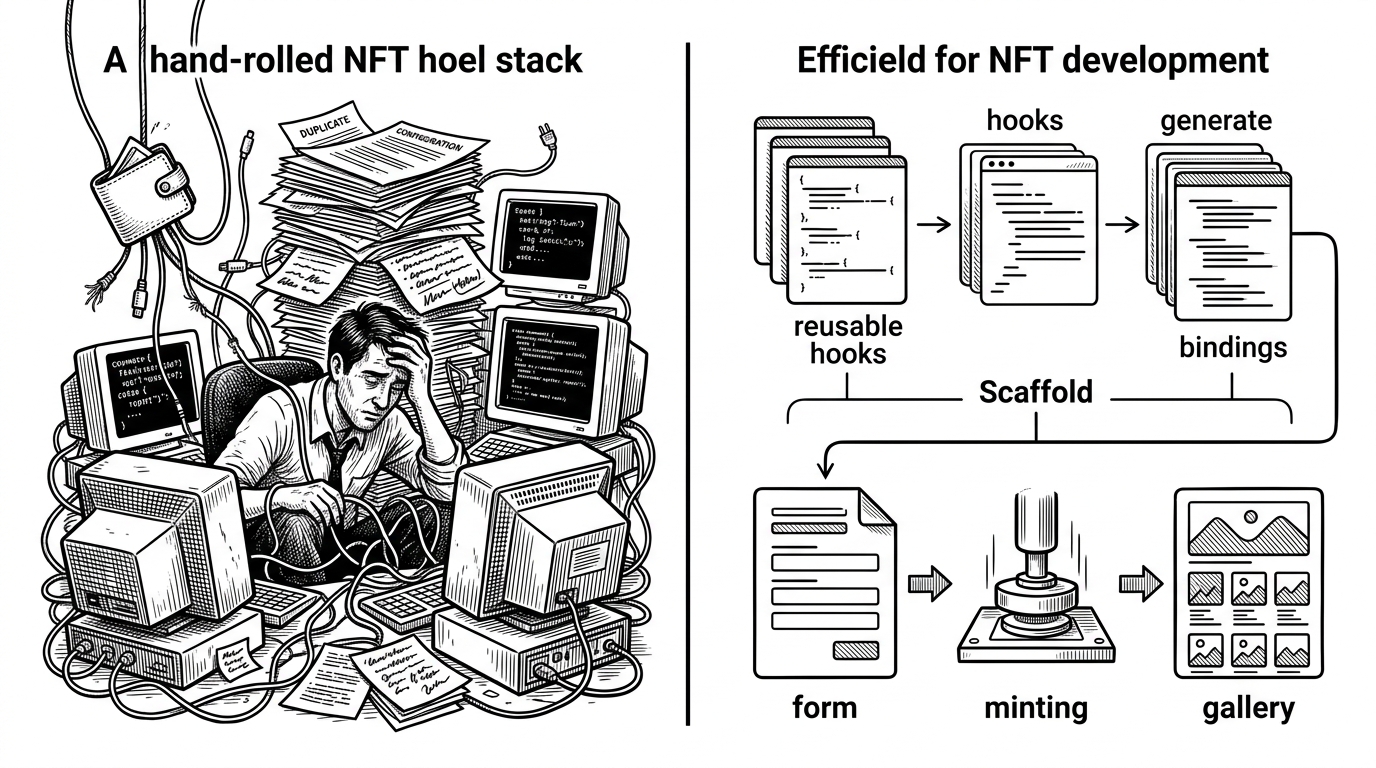 A split scene shows tangled wires, duplicate config files, and a developer juggling wallet glue on one side, while the other side shows a neat scaffold with generated bindings, reusable hooks, and a clean mint flow. The image explains why the repo feels easier to work in than a hand-rolled NFT stack.