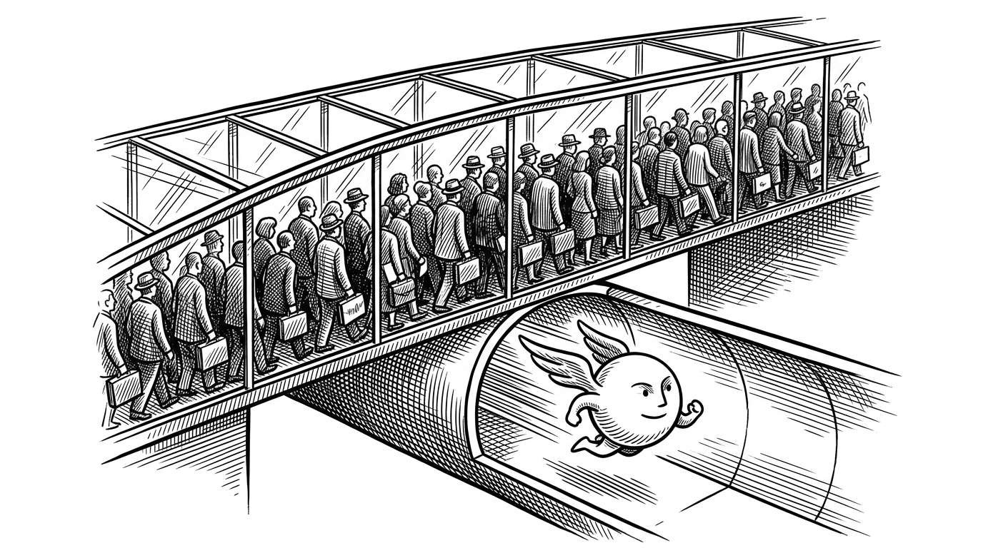 A crowded glass bridge above a high-speed express tunnel.