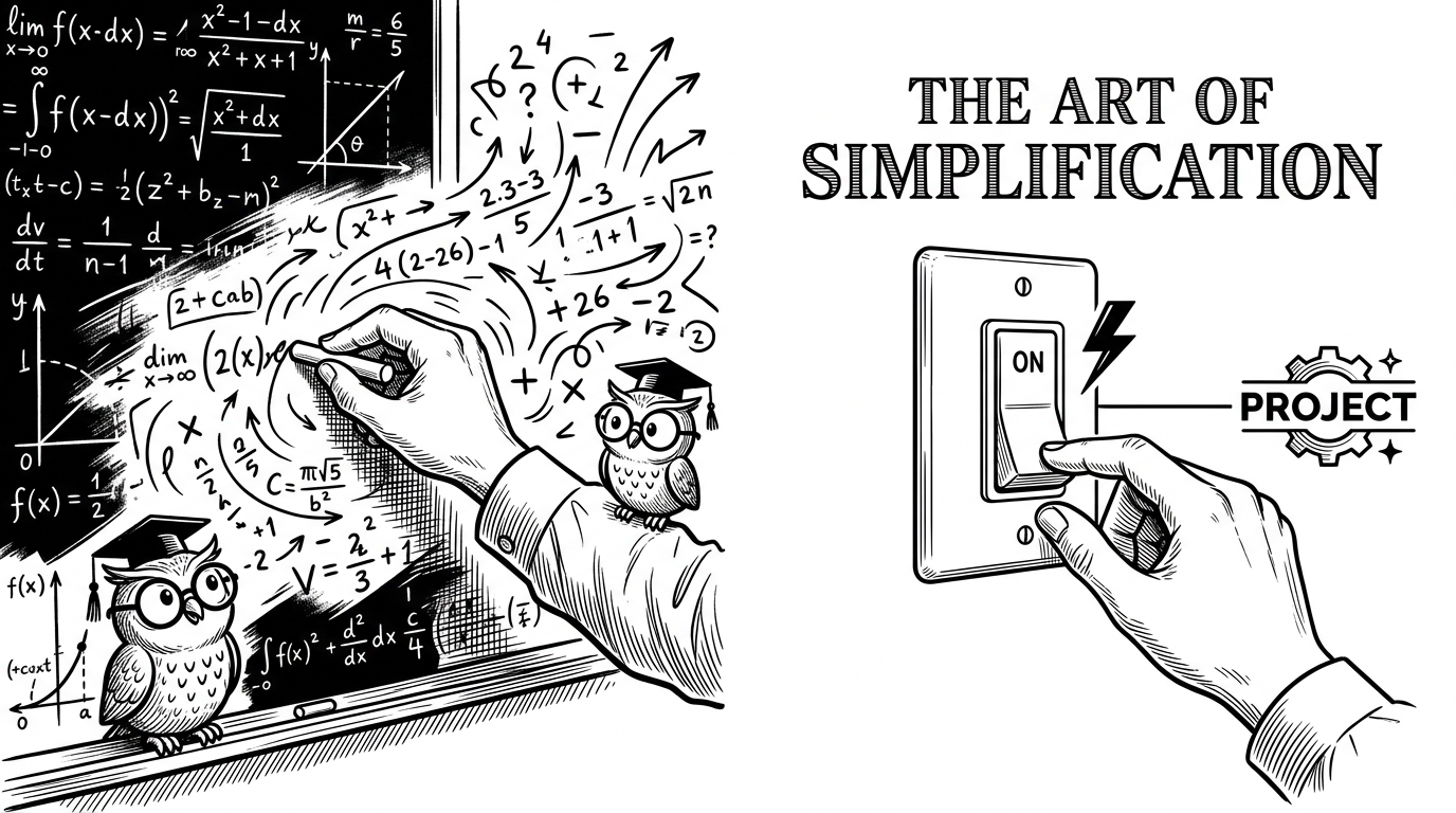 A split screen showing complex calculus on a chalkboard versus a simple toggle switch.