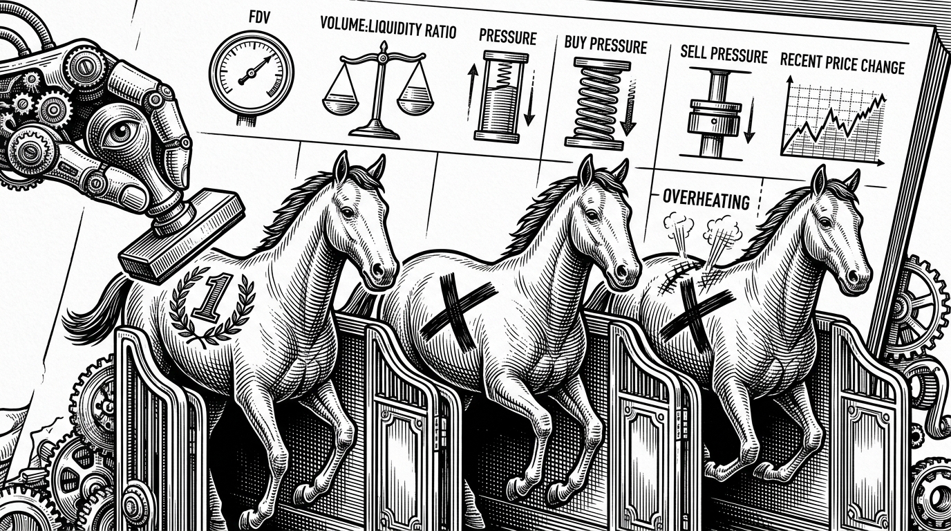 A close-up scoring ledger shows three token candidates arranged like runners at a starting line. One candidate is stamped with a high score, one is crossed out for overheating, and one sits in the middle with balanced metrics. The image explains how the repo turns noisy market signals into a simple decision score before any trade happens.