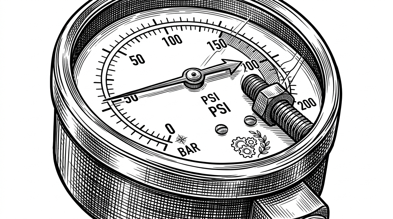 A close-up of a mechanical pressure gauge with the needle held back by a sturdy iron bolt. This represents the dynamic memory guardrails preventing system crashes.