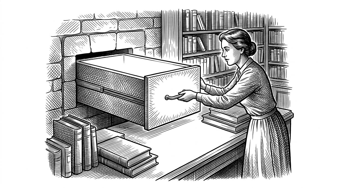 A vintage library where a librarian is sliding a massive, glowing drawer out of a stone wall and onto a polished reading desk. The image represents the architectural concept of tiered memory, moving saved context from a cold SSD to hot RAM.
