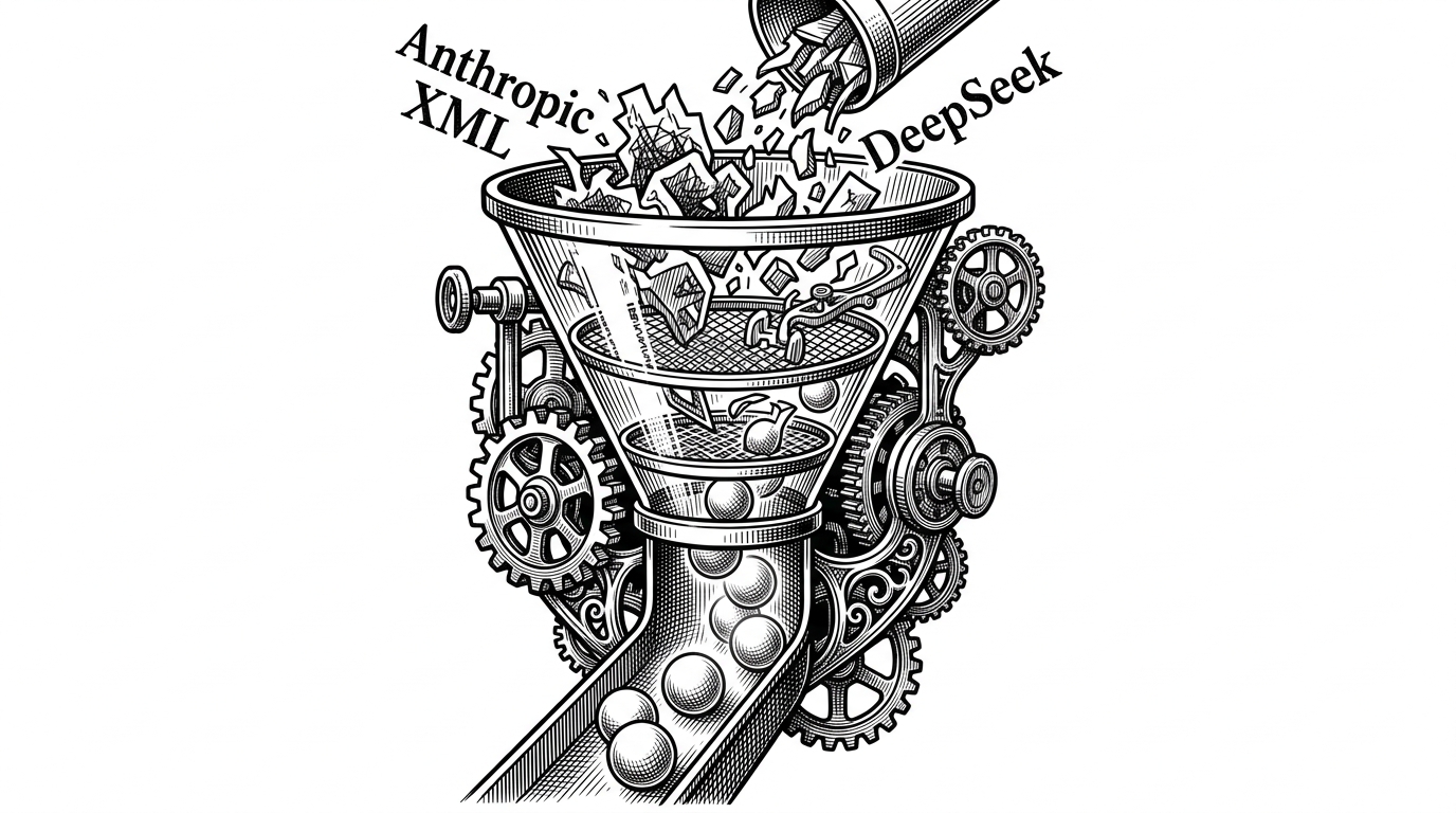 A complex mechanical funnel sorting jagged shapes into uniform spheres. This illustrates the adapter layer translating fragmented LLM API schemas into a unified internal protocol.